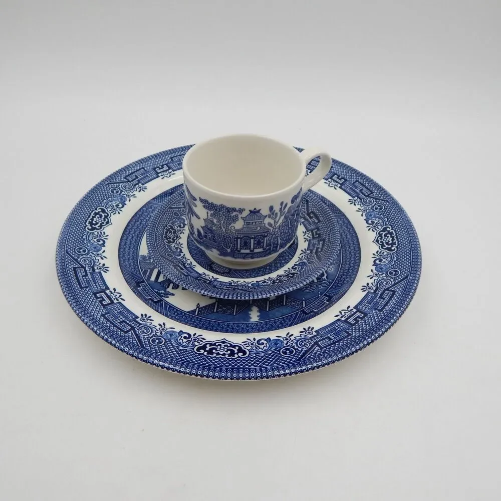 Churchill Blue Willow 3 Pc Set Dinner Plate Cup Saucer Set England